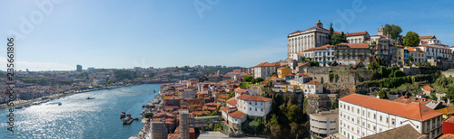 Porto, Portugal old town ribeira aerial promenade view with colorful houses, Douro river, panoramic view