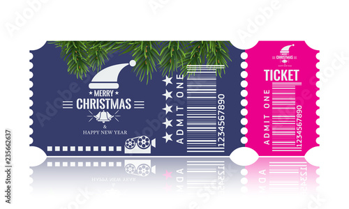 Christmas or New Year party ticket card design template. Vector Illustraton. Blue and pink color.