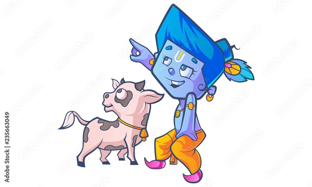 Vector cartoon illustration of lord krishna with cow. Isolated on white  background. Stock Vector | Adobe Stock