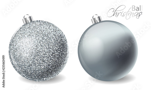 Silver shiny glitter Christmas balls Vector realistic. Merry Christmas elements isolated. Detailed 3d illustration decors