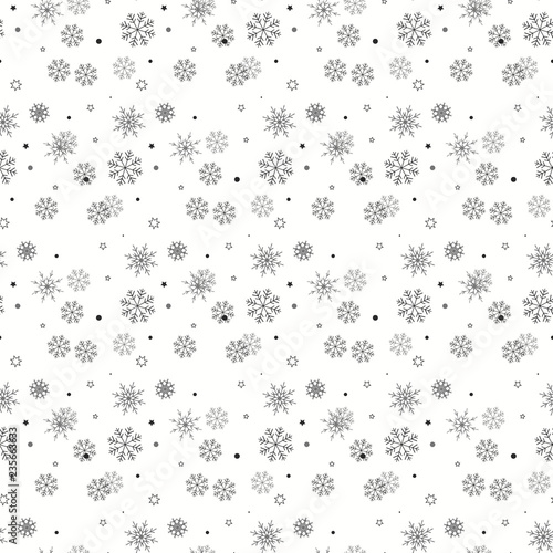 Snowflake simple seamless pattern. Black snow on white background. Abstract wallpaper  wrapping decoration. Symbol of winter  Merry Christmas holiday  Happy New Year celebration Vector illustration