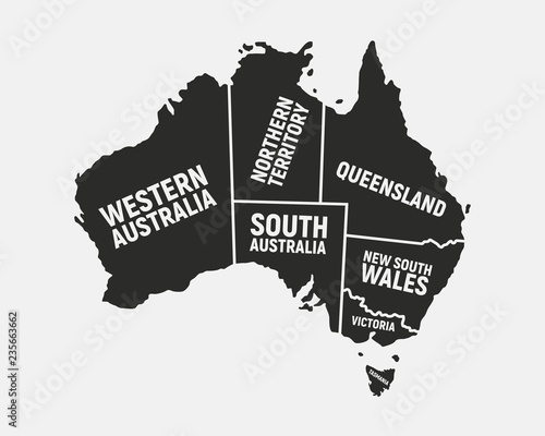 Australia poster map with states names. Australian background. Map of Australia.  Print for T-shirt, typography. Vector illustration