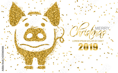 Golden glitter pig symbol Christmas card Vector. Shiny sparkle holiday cards