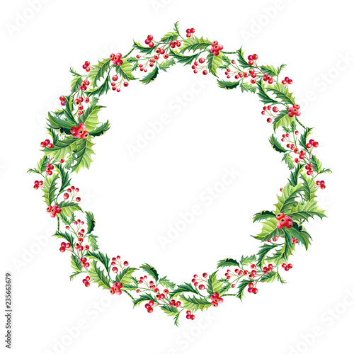 Watercolor Christmas Wreath with Holly,leaves,berries on white background.