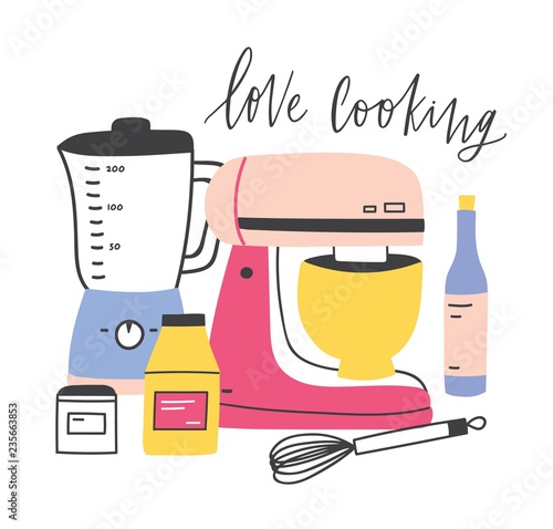 Banner template with manual and electrical tools or utensils for food preparation and Love Cooking phrase handwritten with elegant cursive font. Colorful vector illustration in modern flat style.