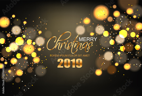 Merry Christmas shiny golden lights Vector background. Holiday card illustrat...