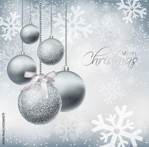 Merry Christmas card with silver baubles Vector realistic. Christmas shiny glitter decorations. Holidays winter poster. Detailed 3d illustration decors