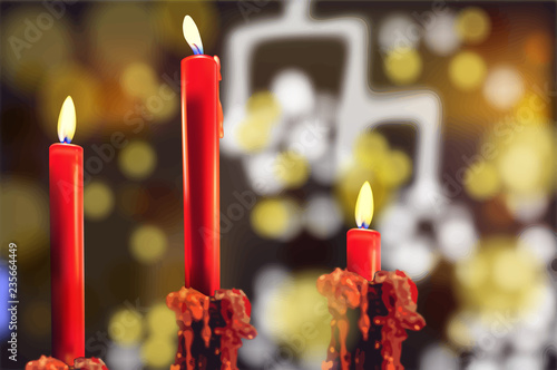 Red candles Vector realistic. Bokeh lights background 3d illustrations