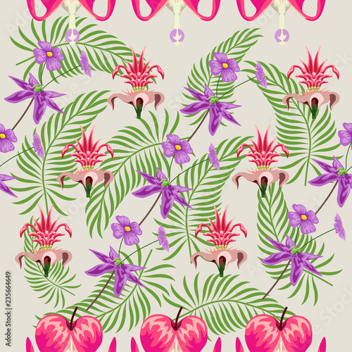 Tropical flower seamless vector pattern  floral fashionable tropic background for fabric textile  exotic hawaiian floral texture for print  trendy natural hand drawn leaves for fashion textile