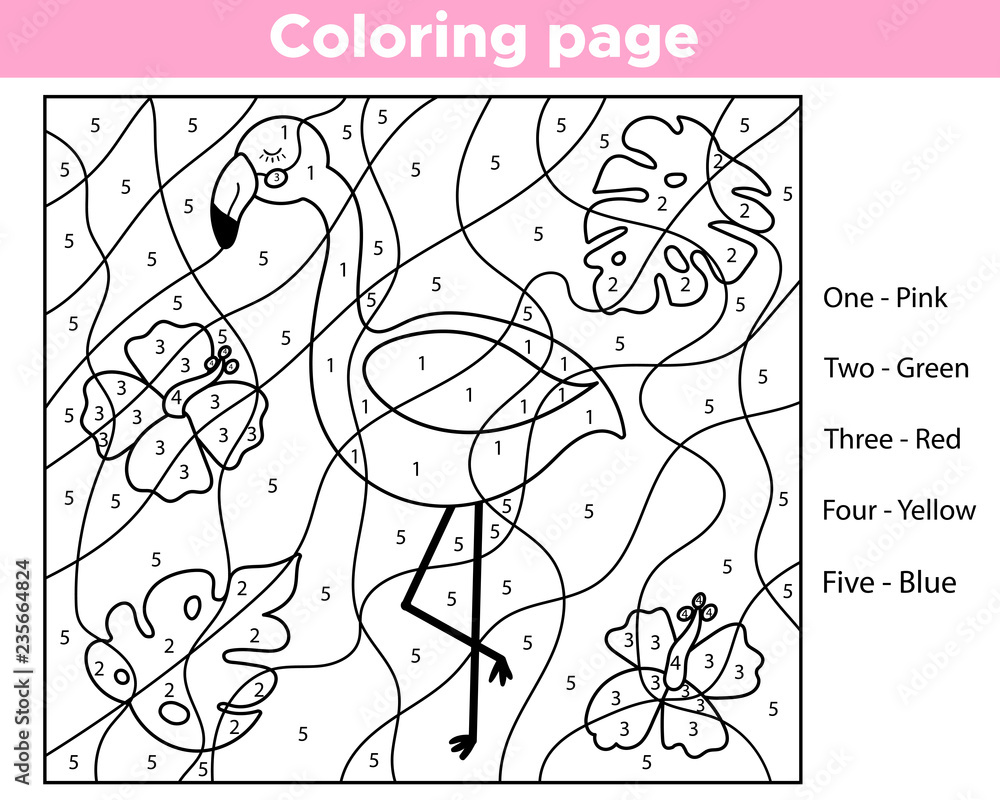 Number coloring page for preschool kids. Learning English colors. Cute cartoon flamingo with tropical plants and flowers. Educational worksheet. Vector illustration.