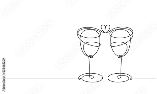 Wine glasses and heart. Line drawing.