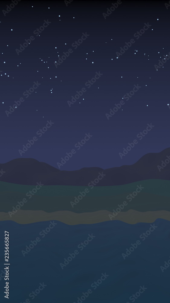 Naklejka premium Starry moonless sky. Ocean shore line with waves on a beach. Island beach paradise with waves. Vacation, summer, relaxation. Seascape, seashore. Minimalist landscape, primitivism. 3D illustration