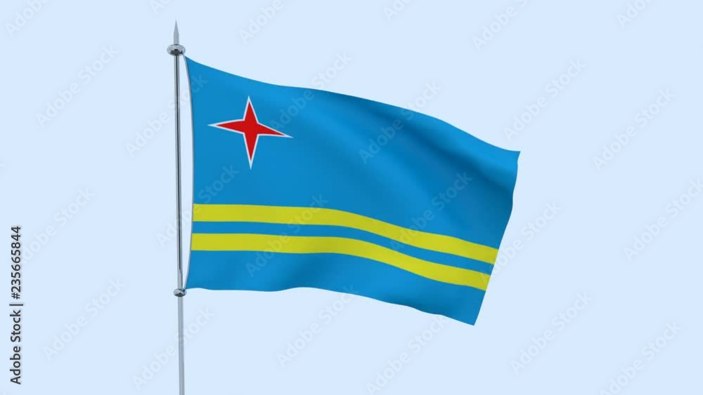Flag of the country Aruba flutters against the blue sky. 3D rendering
