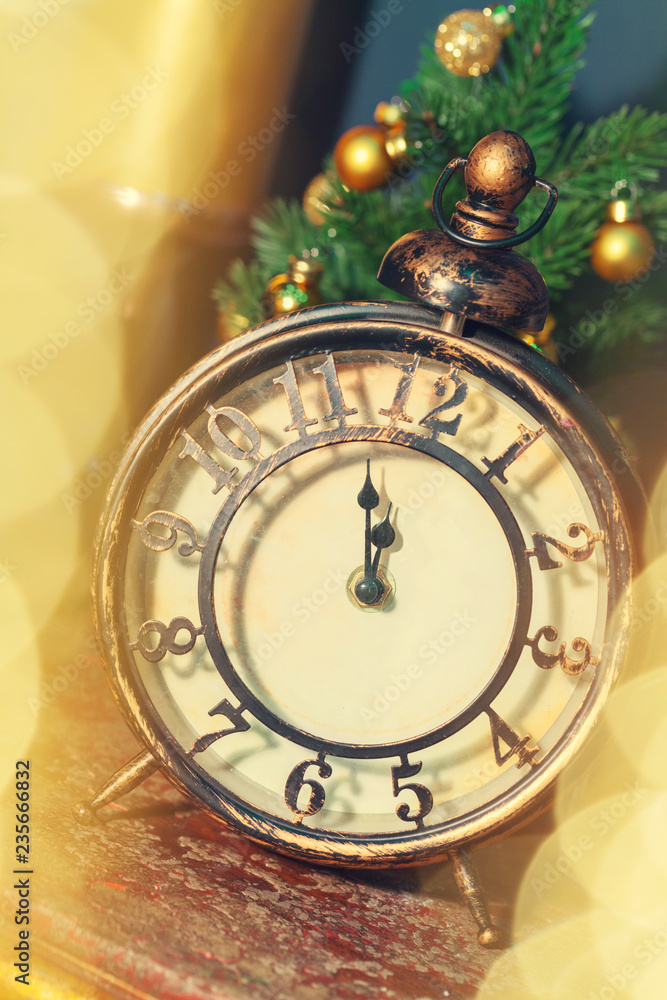 Fototapeta premium Composition with retro alarm clock and Christmas decoration