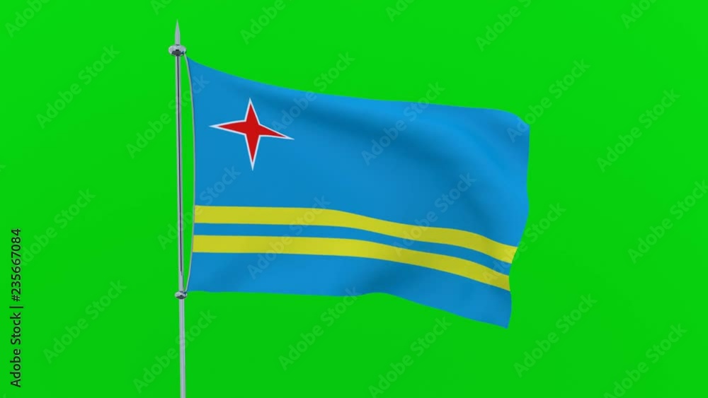 Flag of the country Aruba flutters on green background. 3D rendering