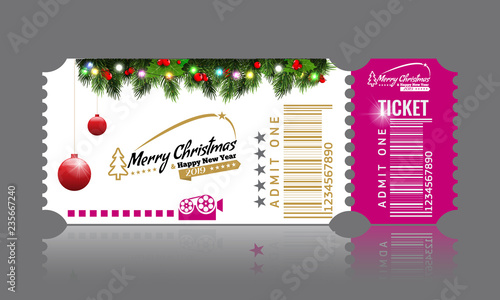 Christmas or New Year party ticket card design template. Vector Illustraton. White and pink color.