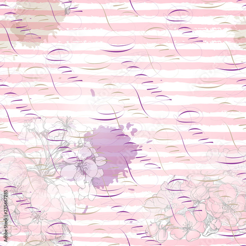 Horizontal stripes of paint lines, ink stains, Apple blossoms and calligraphic lettering wedding day seamless vector pattern on white. Move brush vertical stripe pattern for textile fabric garments.