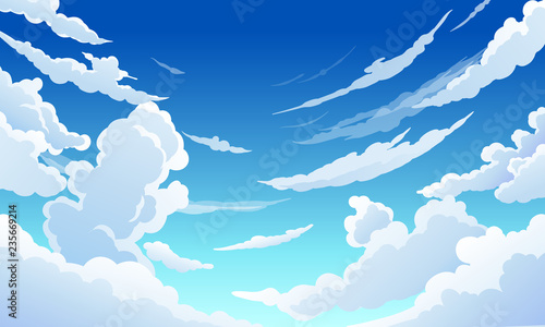 Blue sky with white clouds clear sunny day, landscape, background with clouds, vector illustration