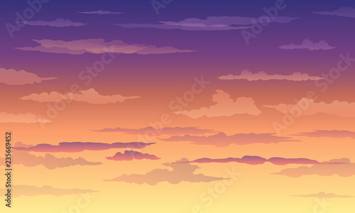Sunset sky in yellow-violet color with clouds, gradient, landscape, background with clouds, vector illustration © MarySan
