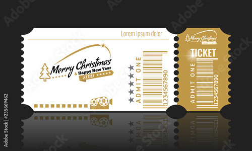 Christmas or New Year party ticket card design template. Vector Illustraton. White and golden color.