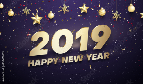 Happy New Year 2019 poster with golden Christmas decorations and confetti.