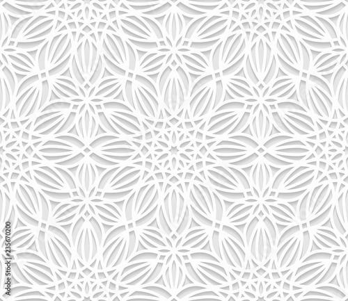 Vector seamless oriental pattern. White floral volumetric pattern with shadow.