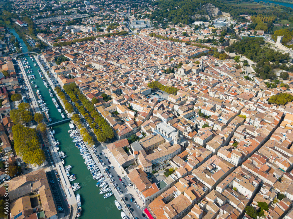 Aerial view of channel with boats in Beaucaire