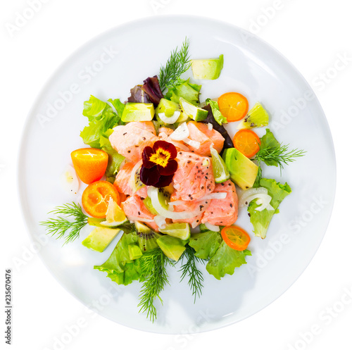 Tasty seafood ceviche from salmon with avocado, green dill and cumquat