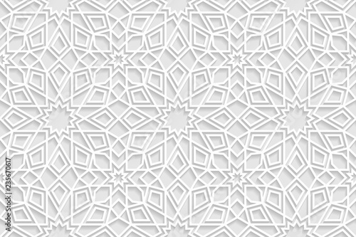 Vector white islamic horizontal background. Seamless oriental volumetric pattern with shadow. photo