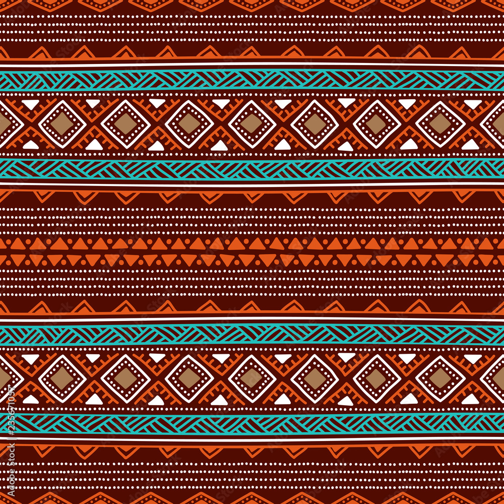 Seamless ethnic background. Striped wallpaper hand-drawn. Blue, orange and white elements on a brown backdrop. Vector illustration. Seamless ethnic background. Striped wallpaper hand-drawn. Blue, orange and white elements on a brown backdrop. Vector illustration.