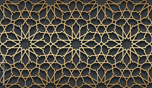 Vector islamic golden horizontal background. Seamless oriental volumetric pattern with shadow.