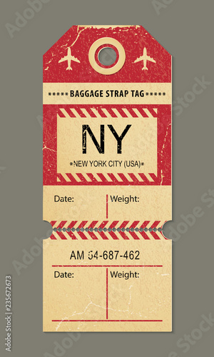 Vintage luggage tag, retro travel New york city, country label.
