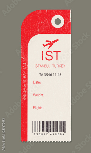 Vintage luggage tag, retro travel Istanbul turkey country label.