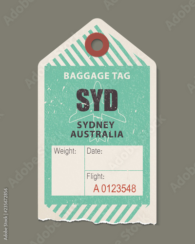 Vintage luggage tag, vintage retro travel Sydney australia country label.