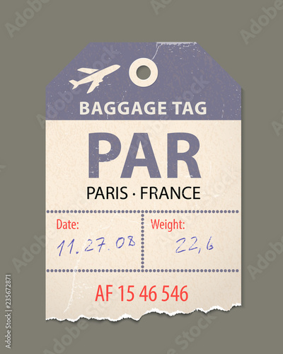 Vintage luggage tag, vintage retro travel Paris france, country label.