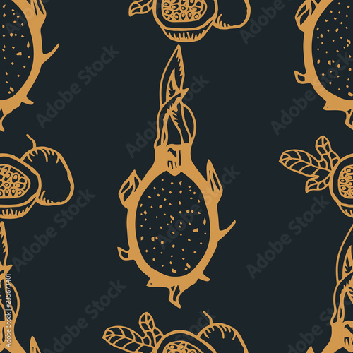 passion fruit, pitahaya tropical fruit seamless pattern