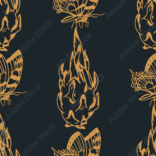 pitaya, pitahaya tropical fruit, butterfly seamless pattern
