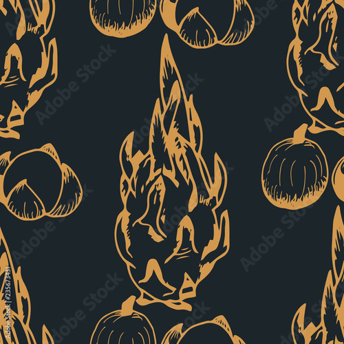 longan, pitahaya tropical fruits seamless pattern