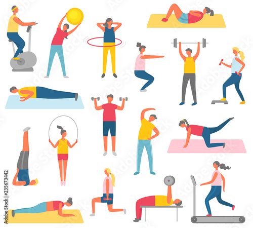 Characters Doing Fitness with Sport Equipment