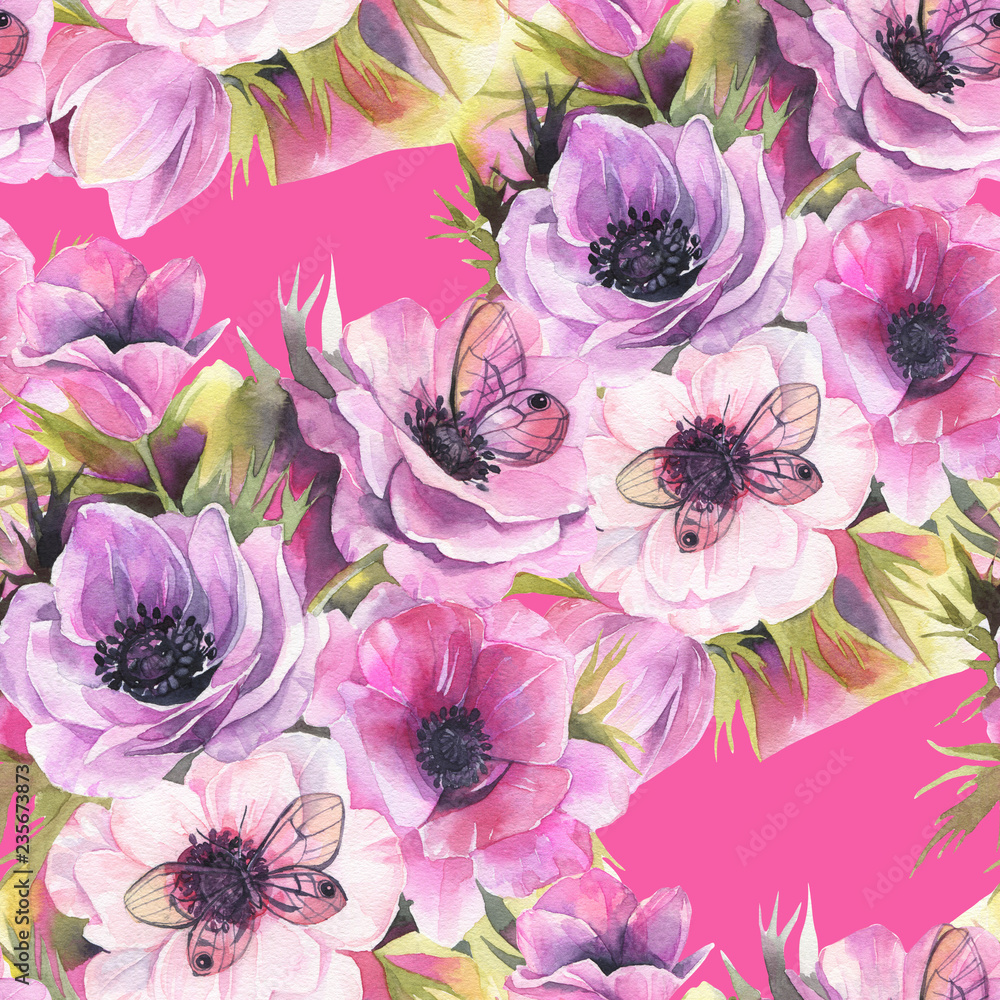 Watercolor seamless pattern with anemones and butterflies. Romantic botanical wallpaper. Watercolor seamless pattern with anemones and butterflies. Romantic botanical wallpaper.