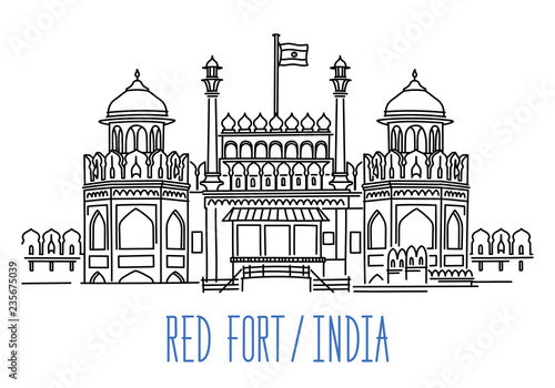 Red Fort, India. Hand drawn outline vector illustration isolated on white background
