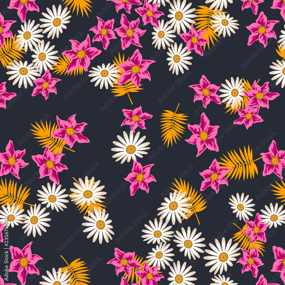 Tropical flower seamless vector pattern, floral fashionable tropic for fabric textile, exotic hawaiian floral texture for print, trendy natural hand drawn leaves for fashion textile on black