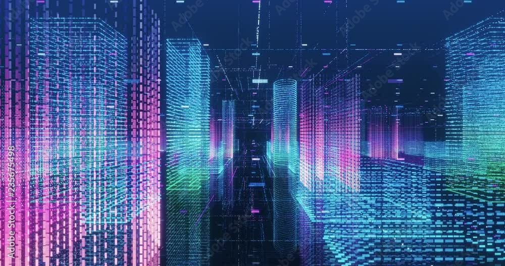 Seamless loop abstract hologram 3D city rendering with futuristic matrix. Digital buildings with a binary code particles network. Technology and connection concept. 