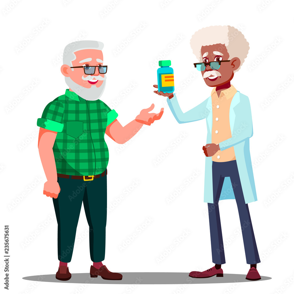 Pharmacist Giving The Pills To The Pharmacy Customer Vector. Isolated Cartoon Illustration