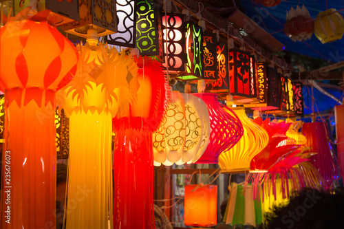 A streetside shop selling traditional lanterns before Diwali festival in India.