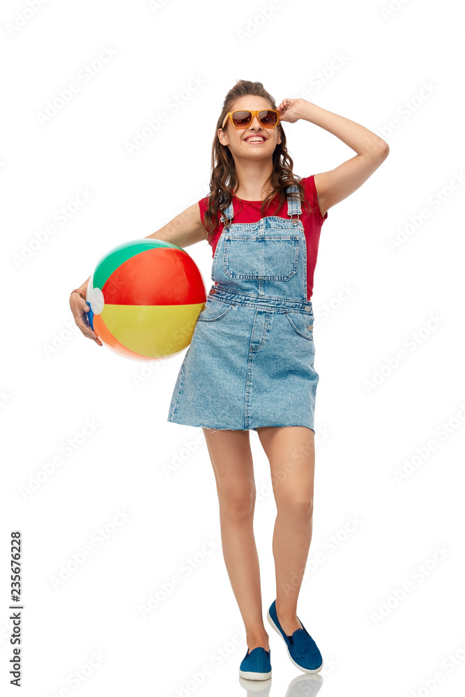 leisure, summer holidays and people concept - smiling teenage girl in sunglasses with beach ball over white background leisure, summer holidays and people concept - smiling teenage girl in sunglasses with beach ball over white background