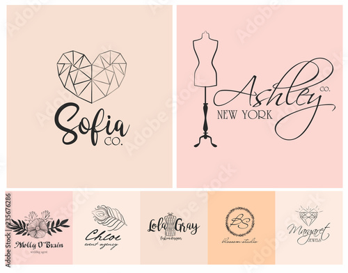 Collection of minimal vintage vector logos templates for brand design, doodles. Editable vector illustration