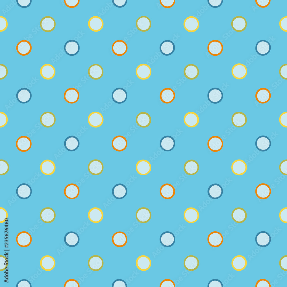 Light blue repeat pattern with colourful polka dots. Surface pattern design.