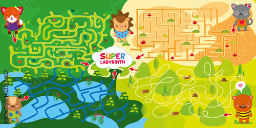 4 mazes. Help deer fox bear and cat to go through maze and meet in center with hedgehog. Super maze for kids. childrens intellectual labyrinth game. Learn and play. Vector hand draw illustration.