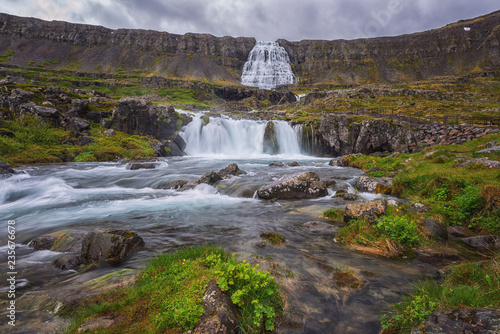 Dynjandi foss cascade waterfall with mossy canyon, stunning panoramic view, landscape of westfjords, West Iceland